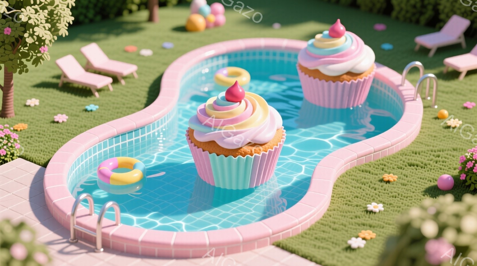 不規則な形のプールに巨大なカップケーキが２つ浮かんでおり、鮮やかなピンク色のラッピングとクリームが印象的です。プールサイドには、ピンクと白のストライプのラウンジチェアと、カラフルなビーチボールや小さな花が点在しており、晴れた日の楽しい雰囲気を演出しています。背景には緑の芝生と鮮やかなピンク色の縁取りが広がり、夢のような甘い空間を作り出しています。