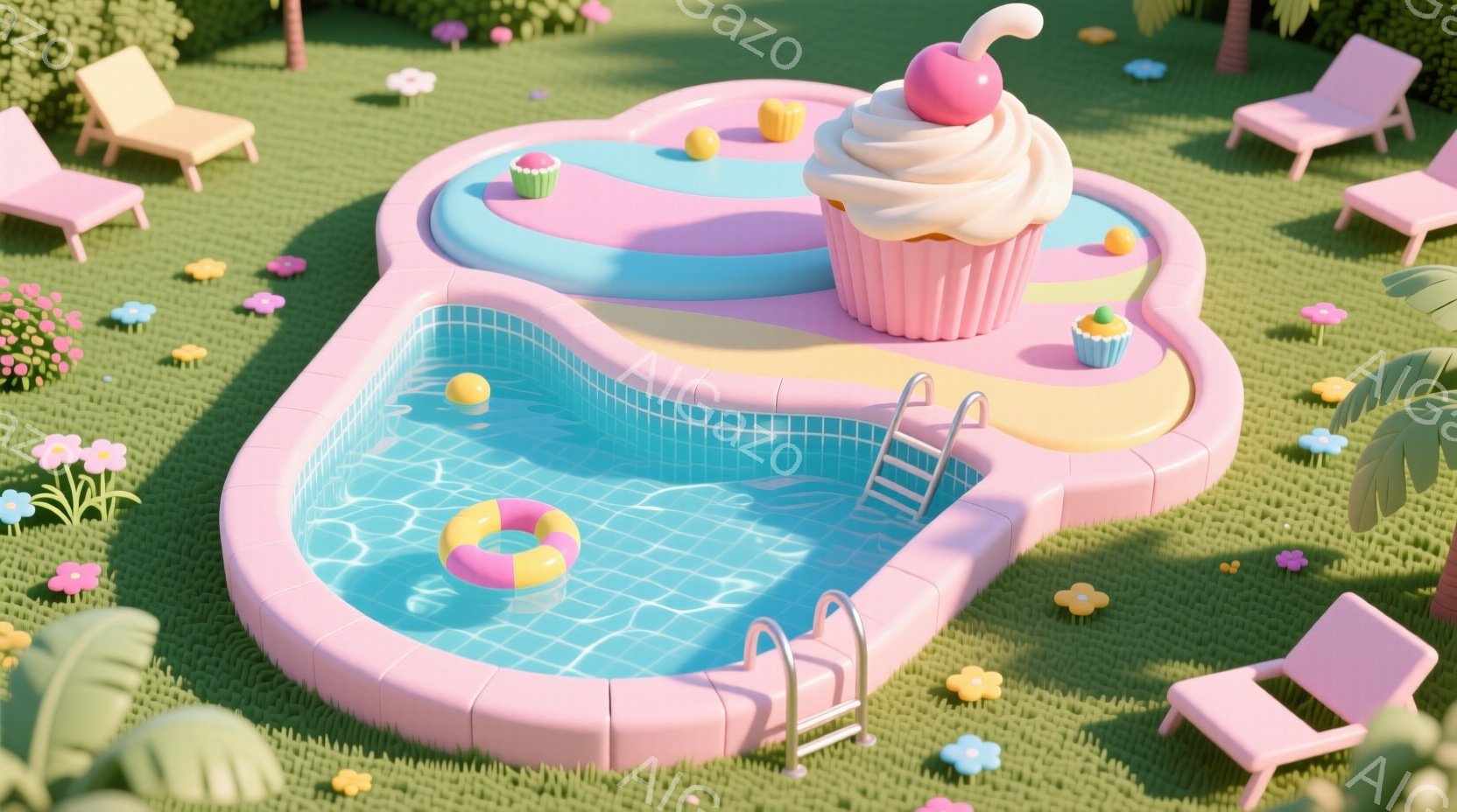 ピンク色の芝生の上に置かれた、巨大なカップケーキ型のプールを描いています。プールの中には水が満たされ、フロートが浮かんでおり、プールの端には階段が付いています。背景には、ピンク色のラウンジチェアと緑の植物が見え、全体的に明るく、夢のような、遊び心のある雰囲気です。