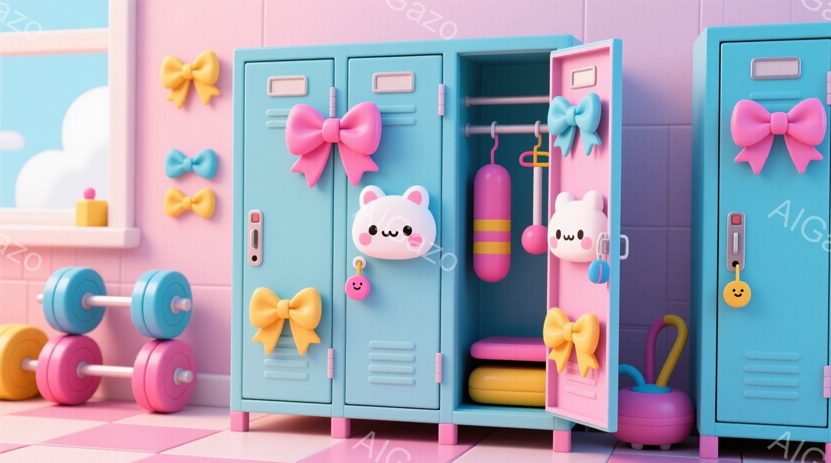 明るいピンクと水色のカラフルなロッカーが並んでおり、それぞれに黄色やピンクのリボンが飾られています。ロッカーの中には、ピンクと黄色のタンクトップ、レギンス、ダンベル、縄跳びなどのフィットネス用品が収納 - AI生成フリー素材
