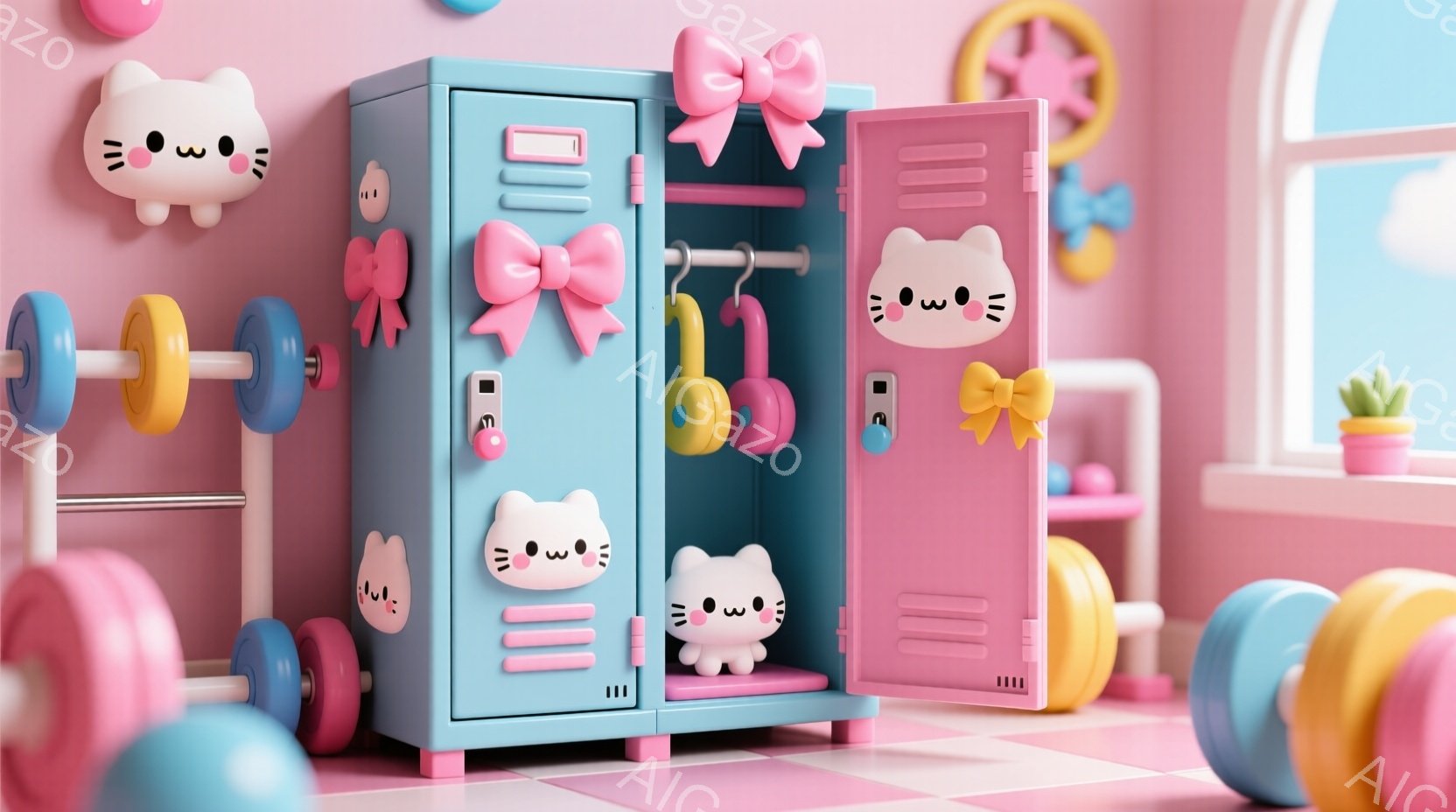 パステルピンクと水色のロッカールーが、可愛らしい猫の顔で飾られています。ダンベルやリボン、ハンガーなどの小道具が周りに配置され、パステルカラーの柔らかな雰囲気を醸し出しています。全体的に甘くて夢のような、遊び心溢れる空間が表現されています。