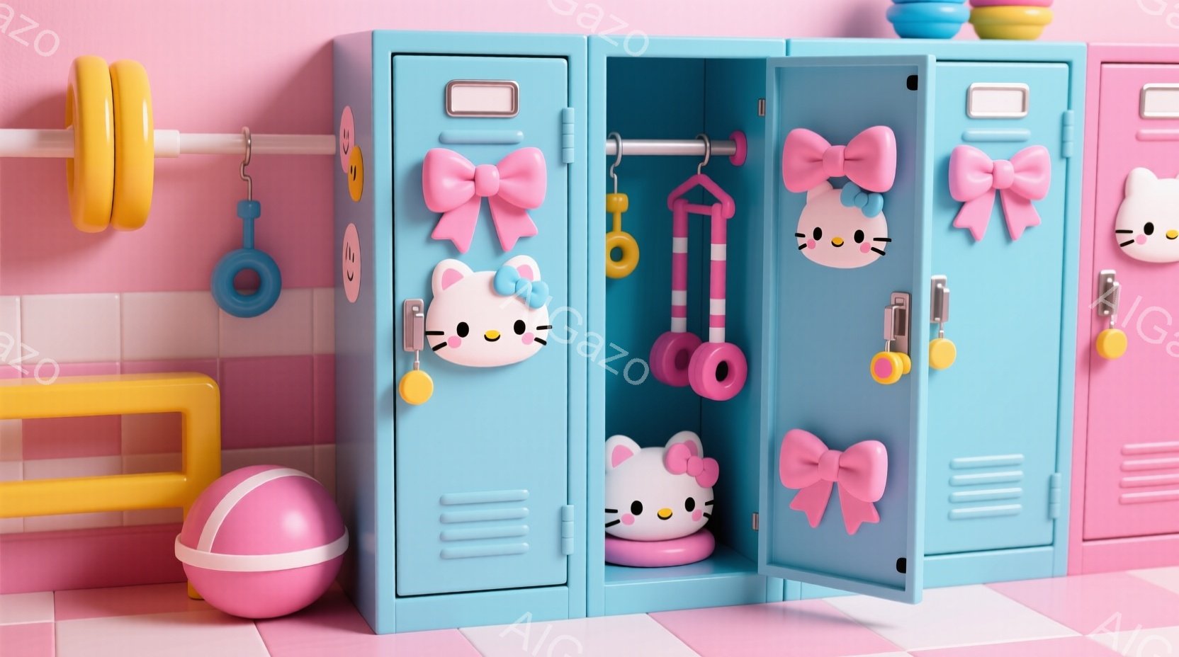 明るいピンクと水色のロッカールームが描かれています。各ロッカーには、ピンクのリボンをつけた可愛らしいキティちゃんの顔が描かれており、中には体操用品が収納されています。全体的にパステルカラーで統一されており、柔らかく遊び心のある雰囲気が漂っています。