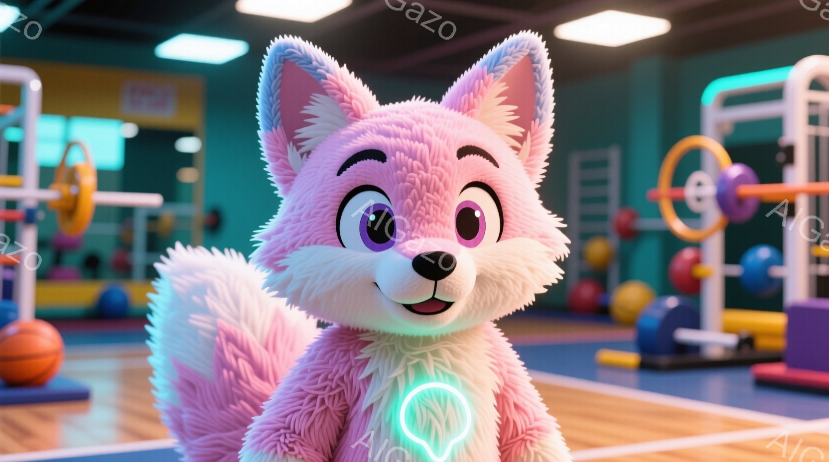 ふわふわのピンクと紫色の毛並みを持つ、可愛らしい子犬が中央に描かれています。子犬は笑顔で、大きな瞳は輝いています。背景には、カラフルなボールや遊具が並ぶ、子供向けの遊び場のような空間が広がっており、明るく楽しい雰囲気が漂っています。