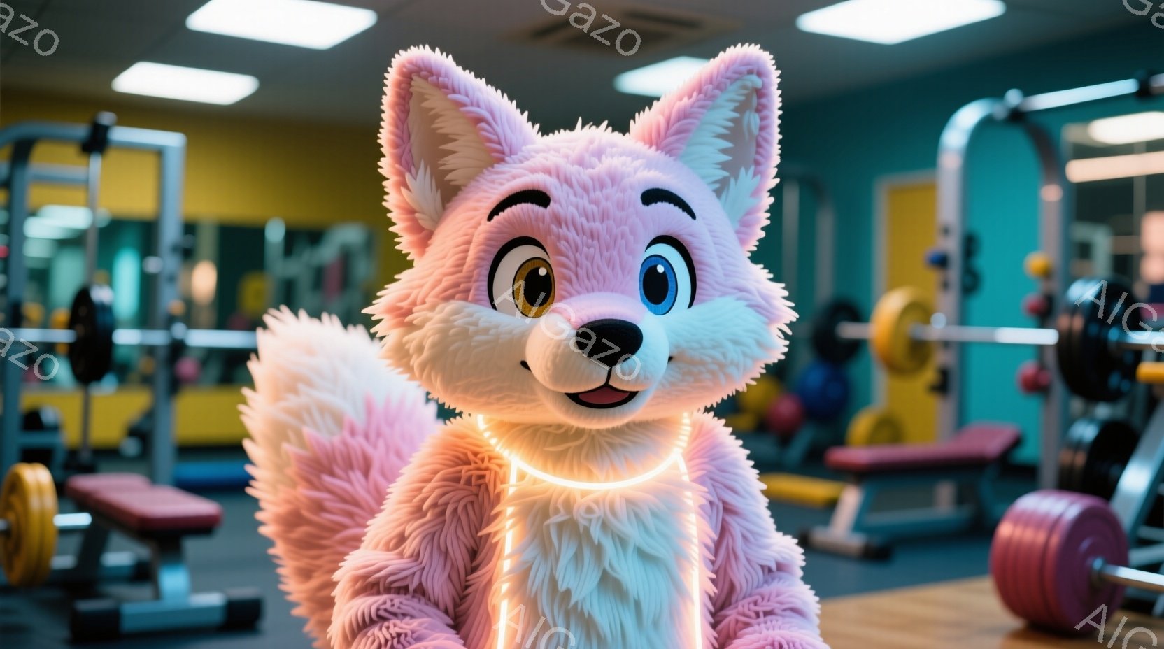 ピンク色のふわふわした動物のキャラクターが、ジムの前に立っています。キャラクターは明るい笑顔を見せており、首に光る首輪をつけています。ジム内には、トレーニング機器や赤いベンチが見え、全体的に明るく活気 - AI生成フリー素材