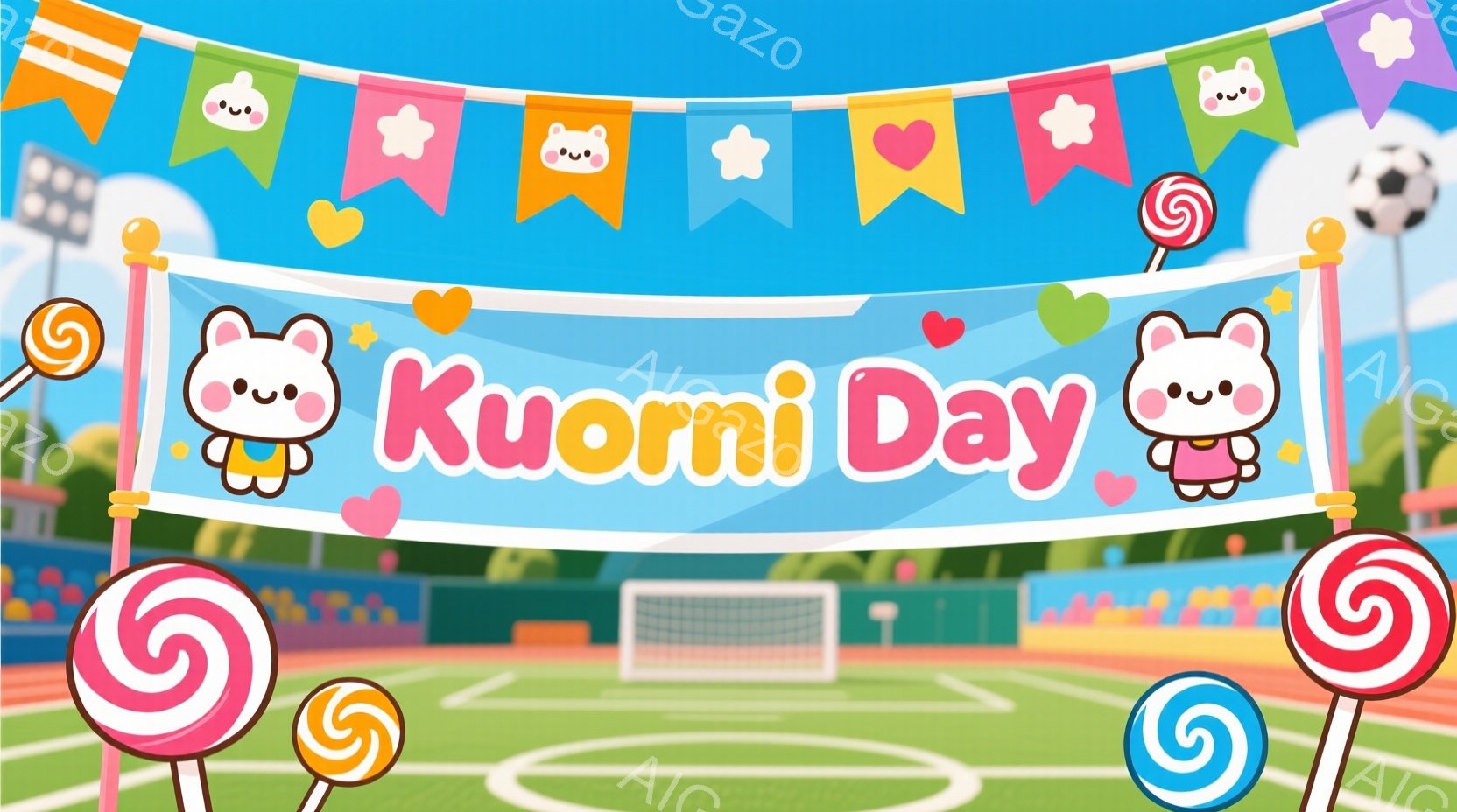 明るい青空の下、サッカー場が広がっています。カラフルなキャンディや旗が飾られ、「Day」と書かれたバナーが試合を盛り上げます。全体的に明るくお祭り騒ぎのような雰囲気で、楽しげなイベントが行われることを予感させます。