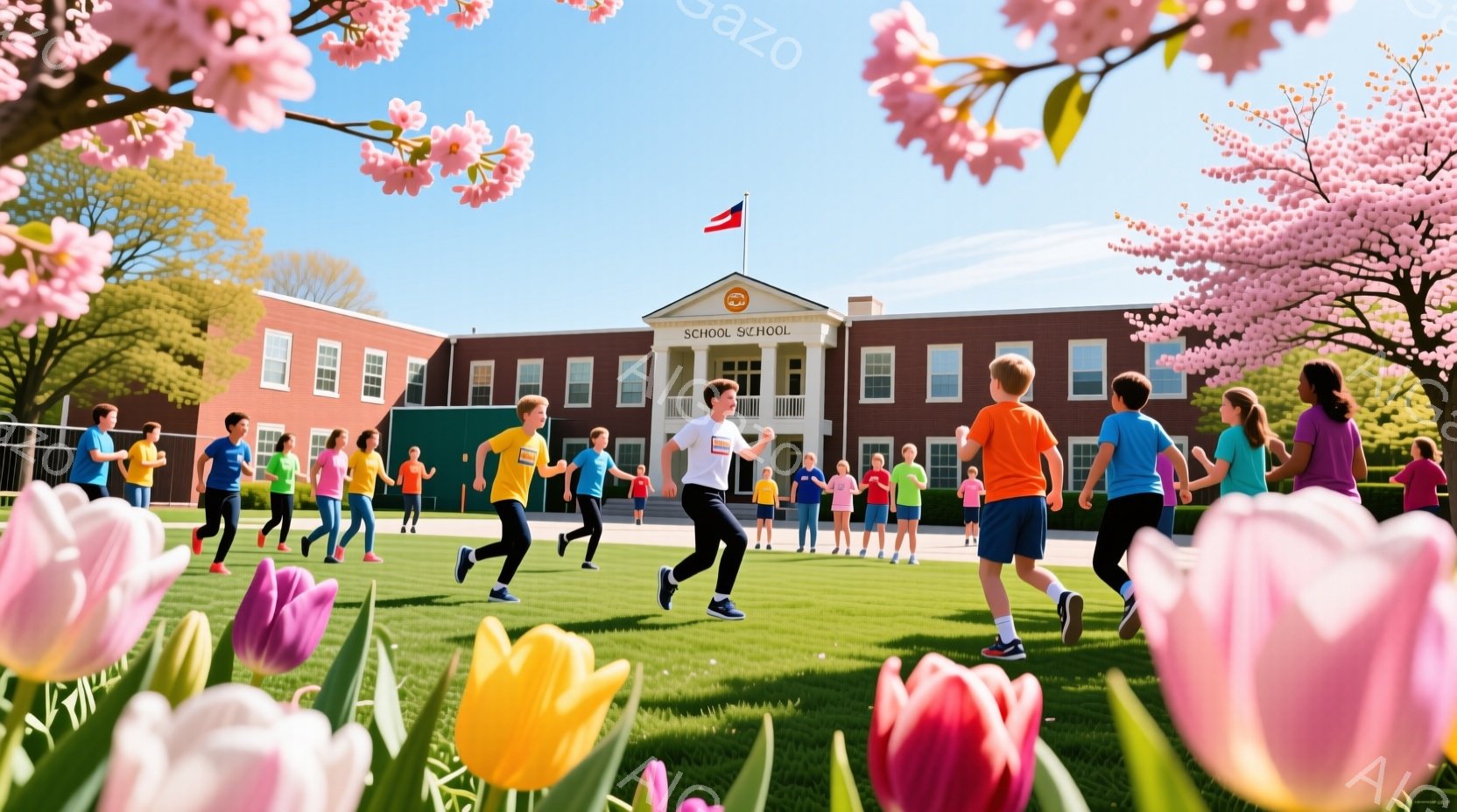 学校の芝生広場を子供たちが楽しそうに走っている様子が描かれています。子供たちはカラフルなスポーツウェアを着ており、様々な髪型で、笑顔や真剣な表情を浮かべています。背景にはレンガ造りの建物と、満開の桜並木、そして青空が広がり、春の暖かな一日を思わせる、活気に満ちた雰囲気です。