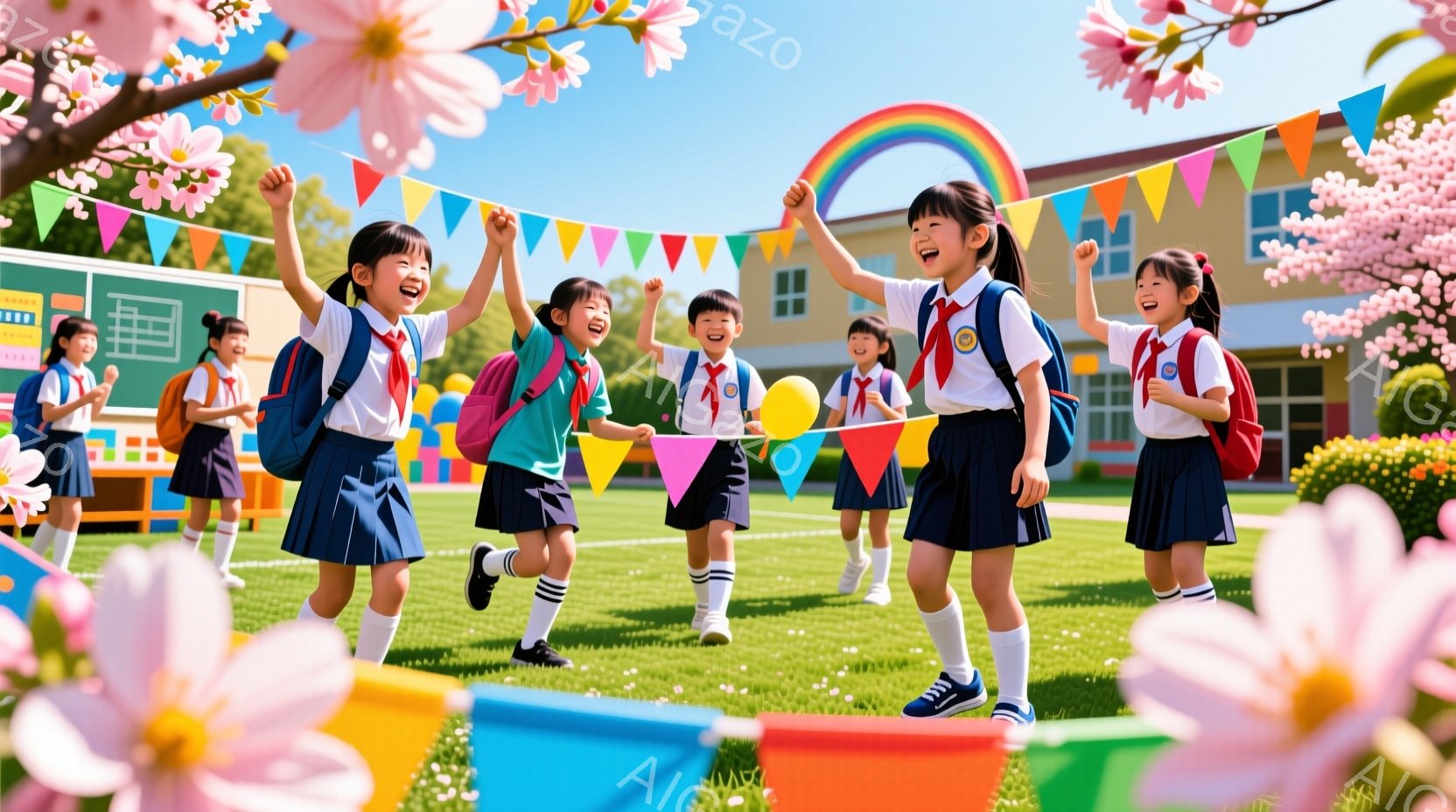 桜の花びらが舞う晴れた日に、小学校の生徒たちが運動場で楽しそうに走っている様子が写っている。制服は濃い青色で、白いシャツと赤いネクタイ、そしてリュックサックを背負っている。生徒たちは皆、笑顔で両手を上げ、喜びと興奮に満ちた表情をしている。