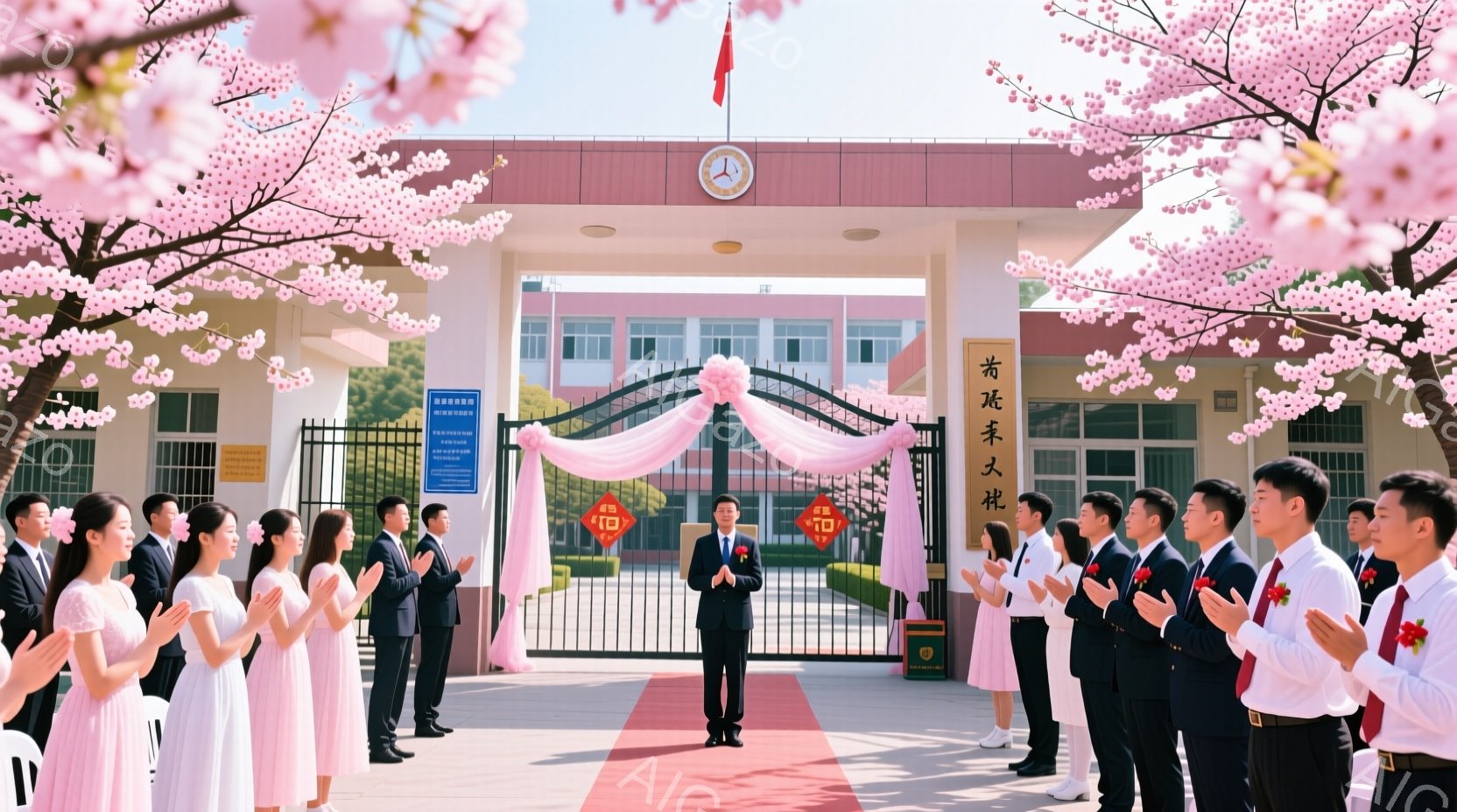 桜並木の美しい入学式または卒業式が行われている様子がうかがえる。制服を着た学生たちは皆、手を合わせて敬礼しており、中央に立つ一人の学生は特に注目を集めているようだ。背景には、中国風の建物が見え、春の暖かな日差しの中で、希望に満ちた華やかな雰囲気が漂っている。