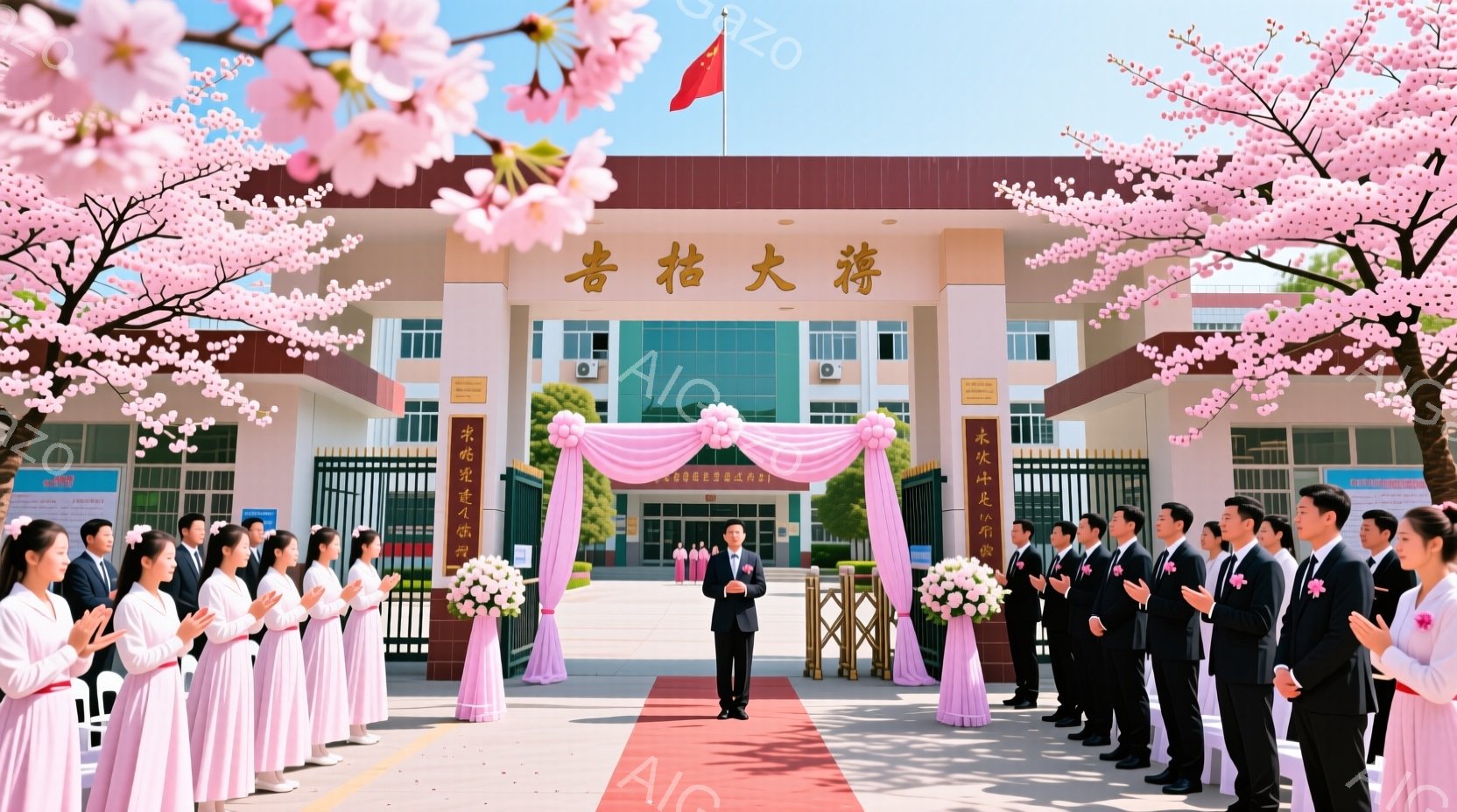 広大な校舎の前に、ピンク色の桜並木が咲き誇る中、整然と並んだ学生たちが式典に参加している様子が描かれている。学生たちは皆、紺色のスーツまたはピンク色のドレスを着用し、真剣な表情で立っており、中央には一人の男性が演説をしていると思われる。晴天の下、桜の花びらが舞い、厳かで華やかな雰囲気が漂っている。