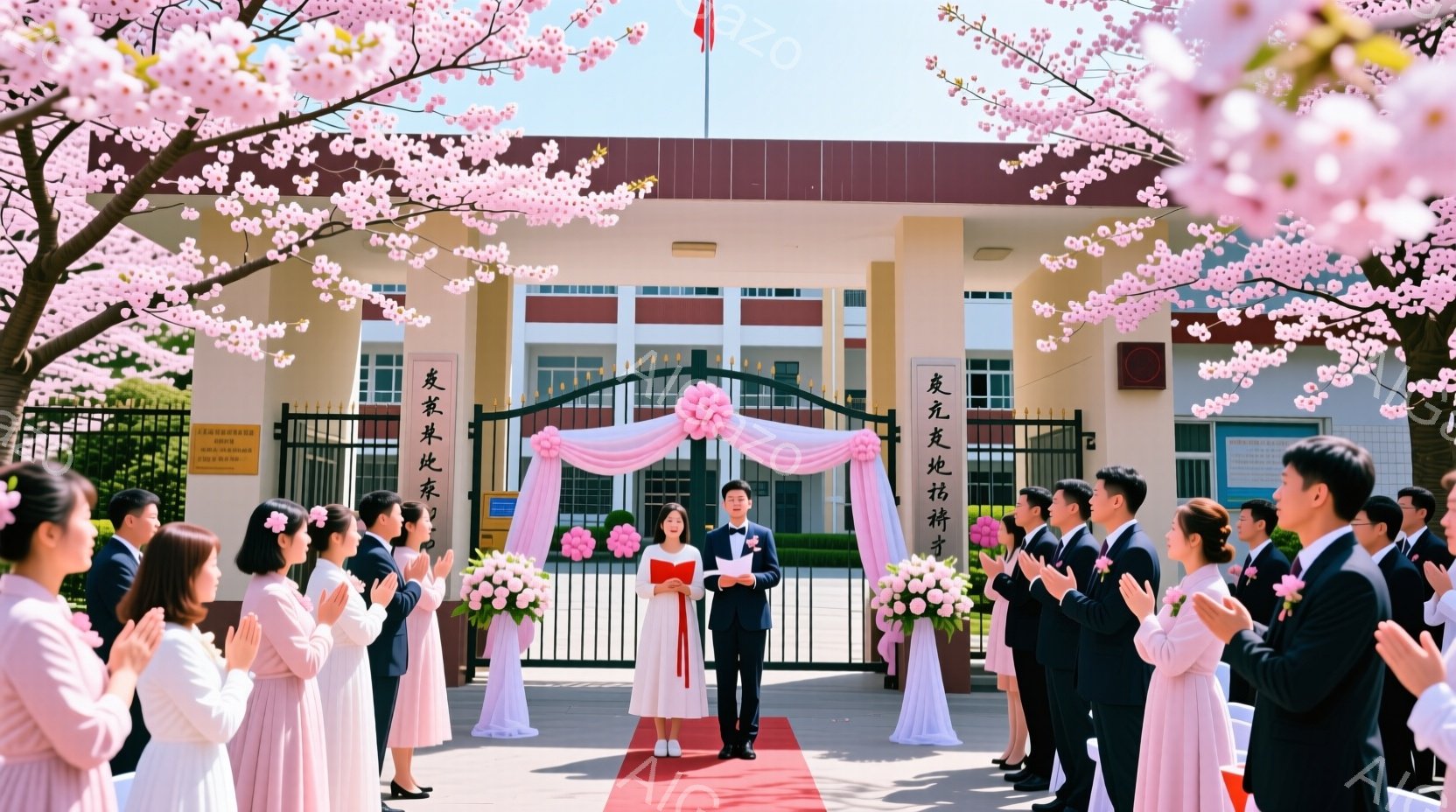 鮮やかな春の日に、屋外での結婚式が行われています。新婦は白のウェディングドレスに赤いリボン、新郎は黒のスーツを着用し、中央で誓いを立てています。背景には桜が咲き誇り、多くの参列者が両脇に並び、拍手を送 - AI生成フリー素材