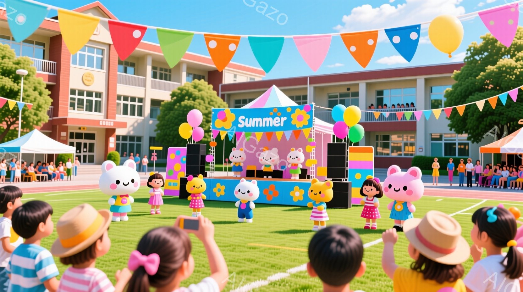 広場にはカラフルなステージが設置されており、かわいらしいキャラクターたちが踊っています。観客席には子供たちが集まり、ステージのパフォーマンスを楽しんでいる様子が伺えます。背景には学校の建物や緑豊かな木 - AI生成フリー素材