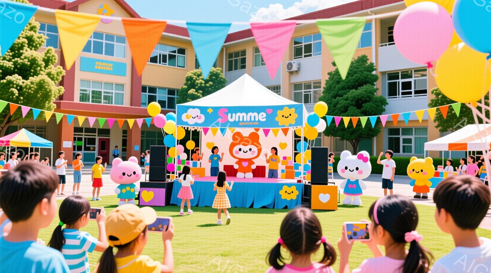 広場には、カラフルなステージが設置され、ピンク色のキャラクターたちが並んでいます。子供たちはステージに向かって集まり、スマートフォンで写真を撮るなどして楽しんでいます。背景には、緑豊かな木々と明るい青 - AI生成フリー素材