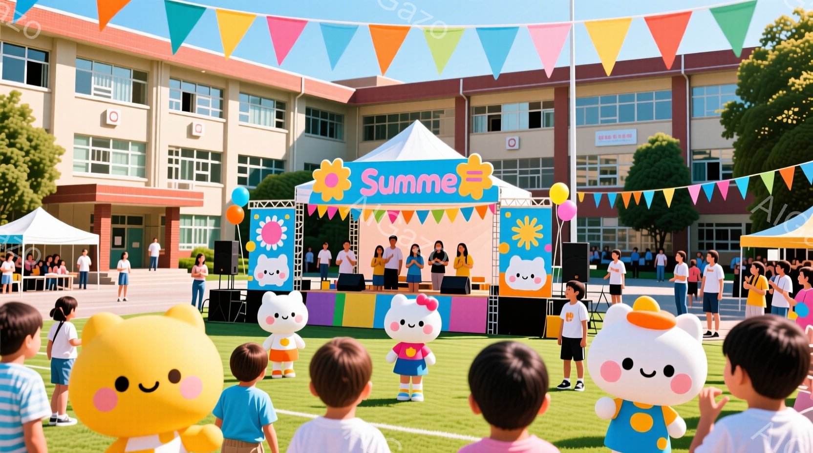 広々とした学校のグラウンドで、子供たちがカラフルなキャラクターの着ぐるみに取り囲まれています。子供たちは白いTシャツを着ており、後ろを向いてステージの方を見ています。背景には、ステージと、青空と白い雲、そして学校の建物が見え、明るく楽しい雰囲気です。