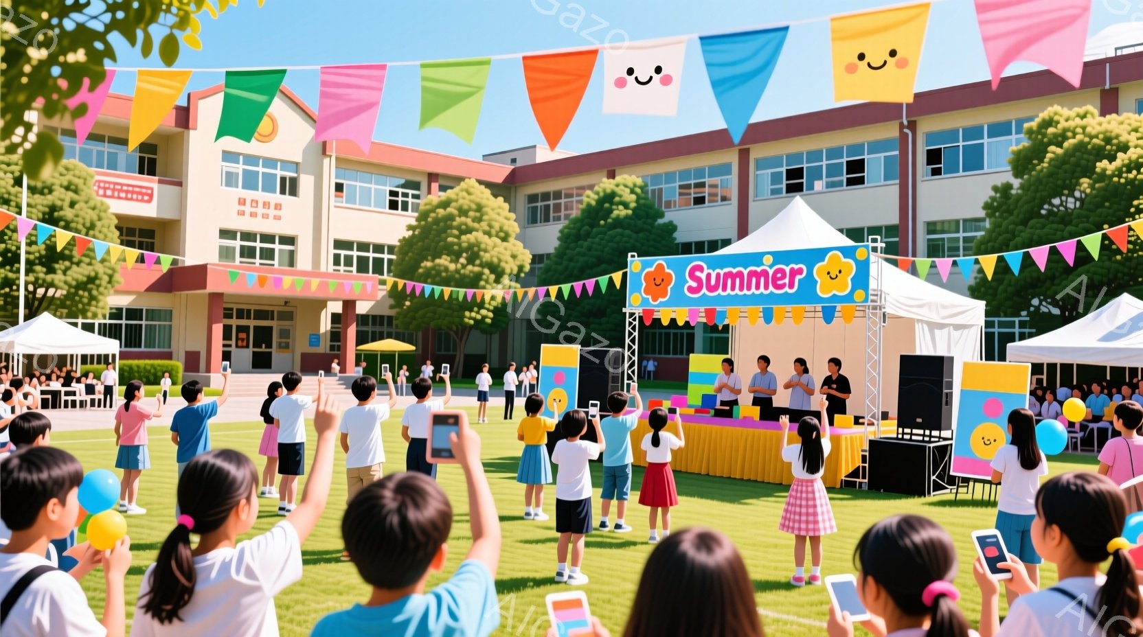 広い緑の芝生広場に多くの生徒たちが集まり、ステージの上のパフォーマンスを見守っています。生徒たちは、Tシャツやスカートなどカジュアルな服装で、スマートフォンやカメラで写真を撮ったり、手を振ったりしています。背景には、レンガ造りの建物と青空が広がり、カラフルな旗が飾られて、明るく活気のある雰囲気が漂っています。