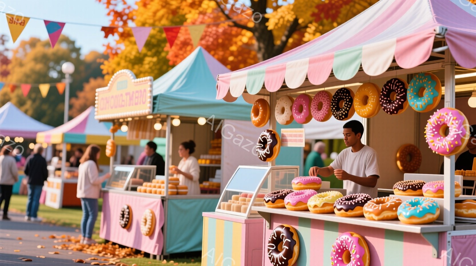 ドーナツ屋さんの屋台が写っており、様々な色のドーナツが並べられています。若い男性店員は白いTシャツを着ており、少し微笑みながらドーナツを眺めています。背景には、木々が色づき始めた公園のような場所で、他 - AI生成フリー素材