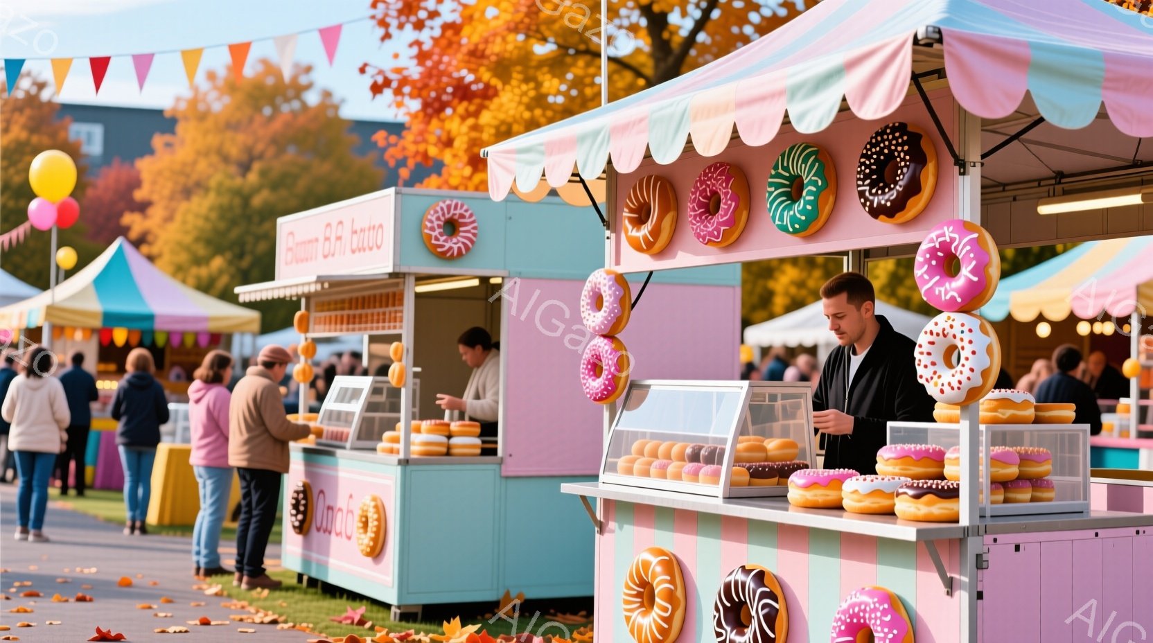 ドーナツ屋さんの屋台が写っており、明るい水色とピンクのストライプが特徴的で、たくさんのカラフルなドーナツが陳列されています。男性店員は黒いシャツを着て、少し真剣な表情で何かを確認しているようです。背景 - AI生成フリー素材