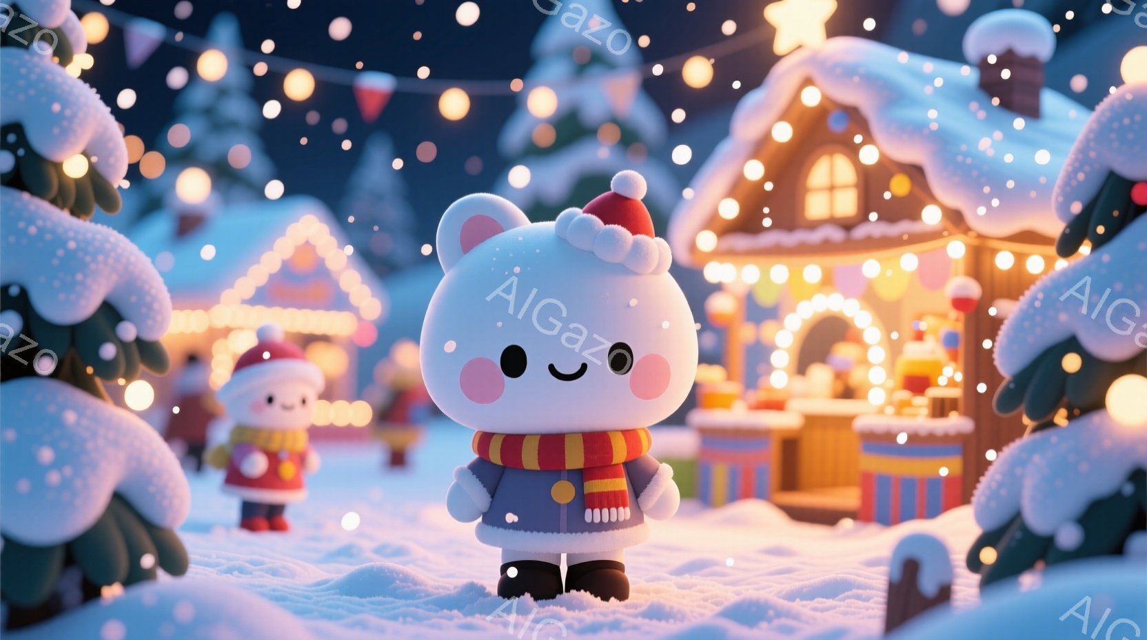 雪が降るクリスマスの夜の風景で、中央には可愛らしい白いクマのキャラクターが立っています。赤い帽子とマフラーを巻き、白いコートを着ており、丸い頬と穏やかな笑顔が印象的です。背景には、雪で覆われた可愛らし - AI生成フリー素材