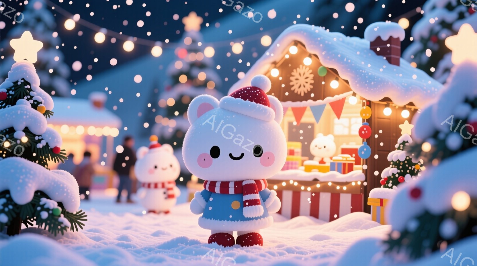 雪が降るクリスマスの風景の中に、白いクマのキャラクターが立っています。赤い帽子とマフラー、白いコートを着て、つぶらな瞳と微笑みを浮かべています。背景には、クリスマスマーケットのような店が並び、温かい光 - AI生成フリー素材