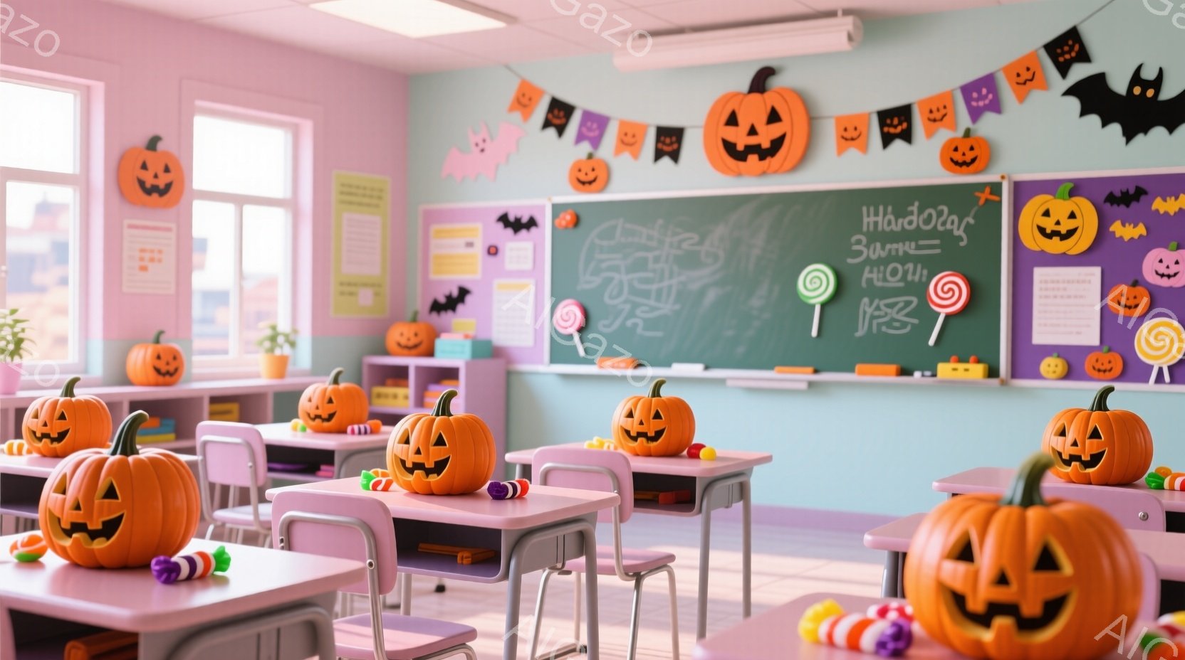 ハロウィーンの飾り付けがされた教室の中です。机の上や床にはジャック・オ・ランタンが置かれ、黒板にはハロウィーンらしい落書きが描かれています。明るいピンクと水色の壁、カラフルな装飾が、お祝いムードを盛り - AI生成フリー素材