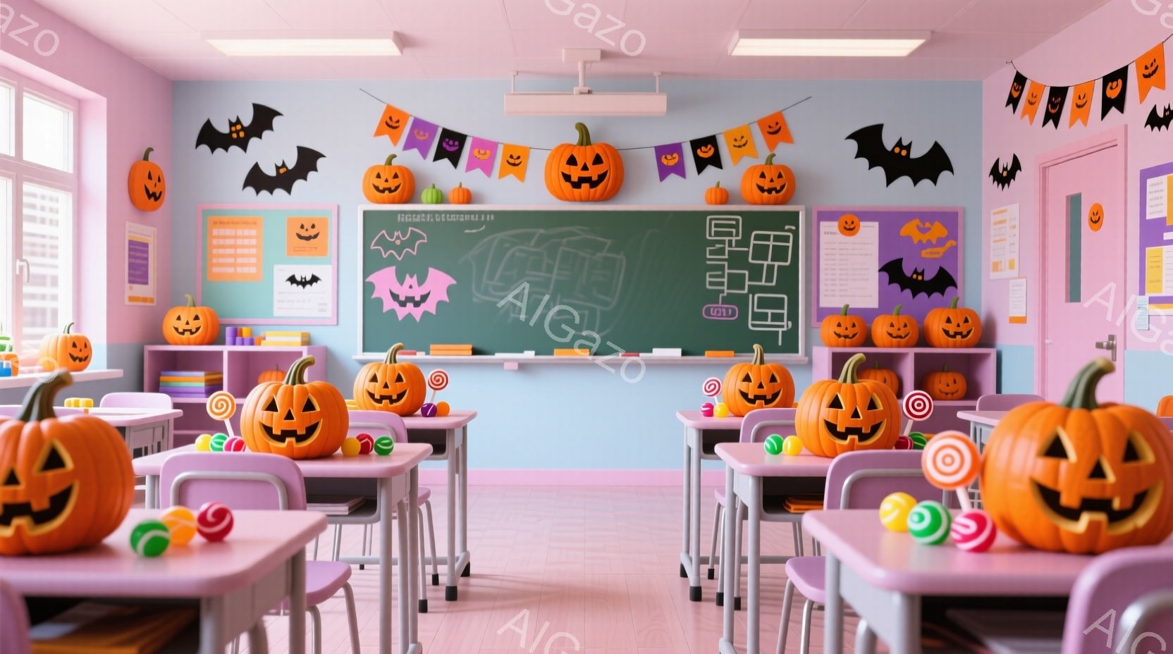 ハロウィーンの飾り付けがされた教室が描かれています。机の上には様々な大きさのジャック・オ・ランタンが置かれ、床にはキャンディが散らばっています。黒いコウモリの飾りと、カラフルな装飾が、お祝いムードを盛 - AI生成フリー素材