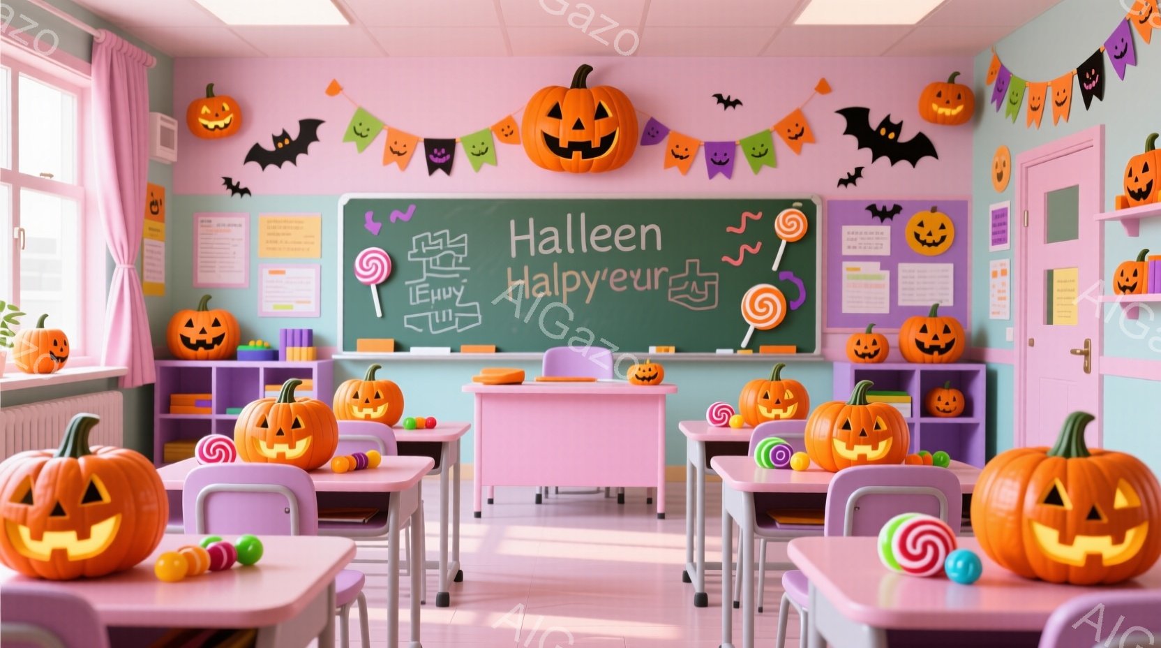 ハロウィーンの装飾が施された教室で、机や床にジャック・オ・ランタンが置かれている。黒板には「Enjoy Halloween」という文字とキャンディーやコウモリのイラストが描かれており、ピンクのカーテン - AI生成フリー素材