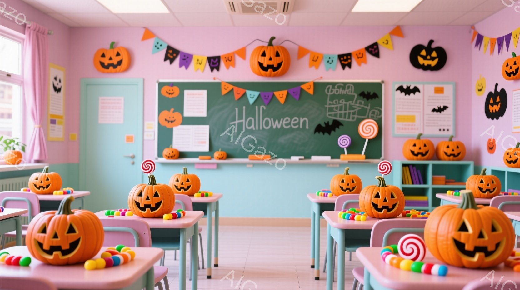 ハロウィーンの飾り付けがされた教室が描かれています。机の上や床には、笑顔の刻まれたジャック・オ・ランタンが所狭しと並べられ、カラフルなキャンディーや棒付きキャンディーが散らばっています。黒板には「Ha - AI生成フリー素材