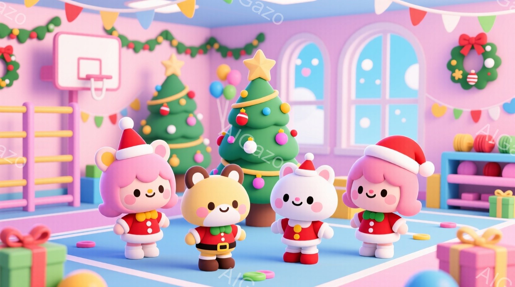 鮮やかなピンクと緑を基調とした室内で、可愛らしいキャラクターたちがクリスマスを祝っています。ピンク色の髪にサンタ帽をかぶり、赤い衣装を着た2人のキャラクターと、茶色の髪にトナカイの角をつけたキャラクタ - AI生成フリー素材