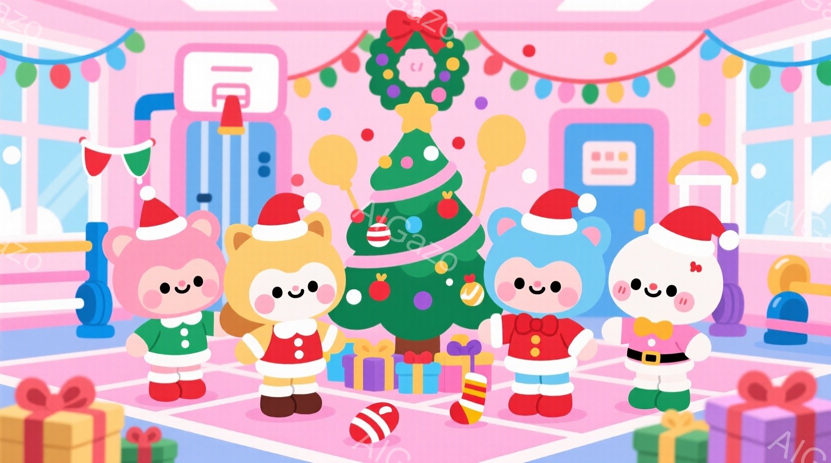 クリスマスツリーの周りに並んだ、サンタの帽子をかぶった可愛らしい動物たちが描かれています。ピンク、赤、緑、青の動物たちは、緑と白のストライプのズボンと赤いコートを着ており、それぞれ楽しそうな笑顔を見せ - AI生成フリー素材