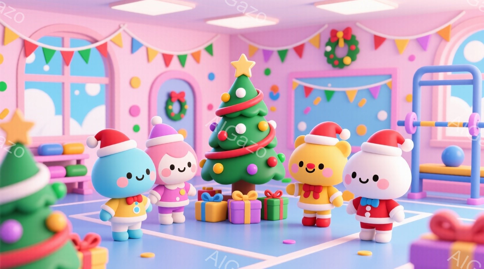 可愛らしいキャラクターたちがクリスマスツリーとプレゼントに囲まれて立っています。彼らはサンタの帽子と赤い衣装を着ており、皆、笑顔でとても幸せそうです。背景はパステルカラーの室内で、クリスマス飾りや遊具 - AI生成フリー素材