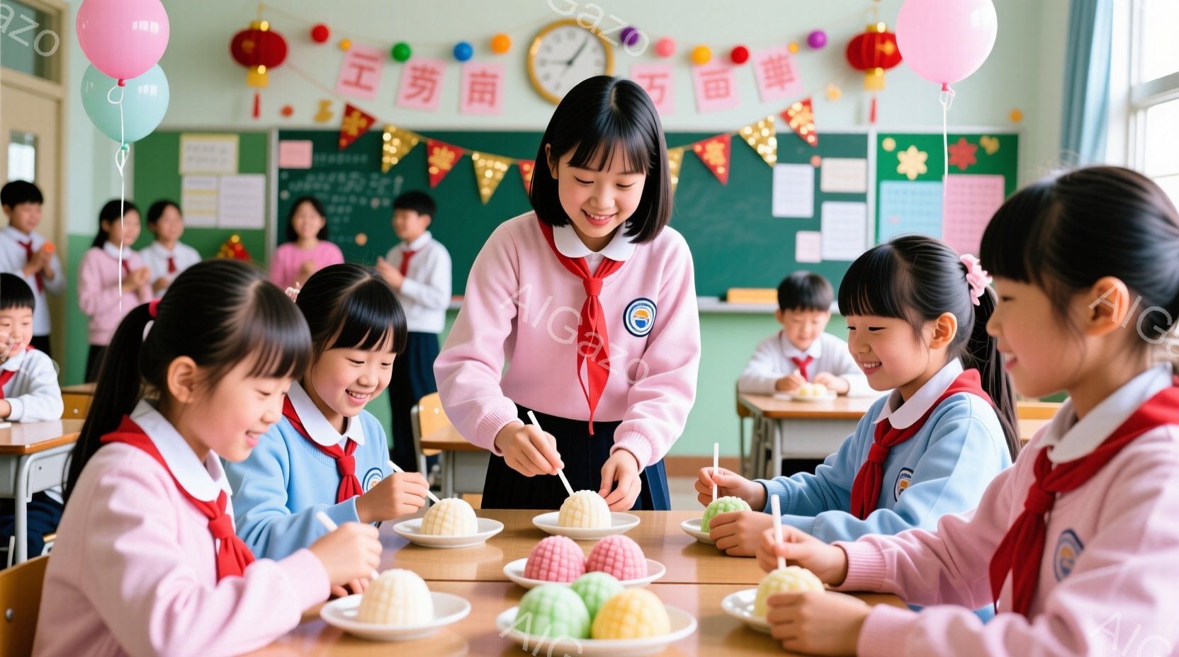 教室で、制服を着た若い女性教師が生徒たちに何かを作って見せています。生徒たちは皆、ピンクと水色の制服に身を包み、真剣な表情で先生の作業を見守っています。背景には他の生徒やカラフルな装飾が写り、明るく活気のある雰囲気です。