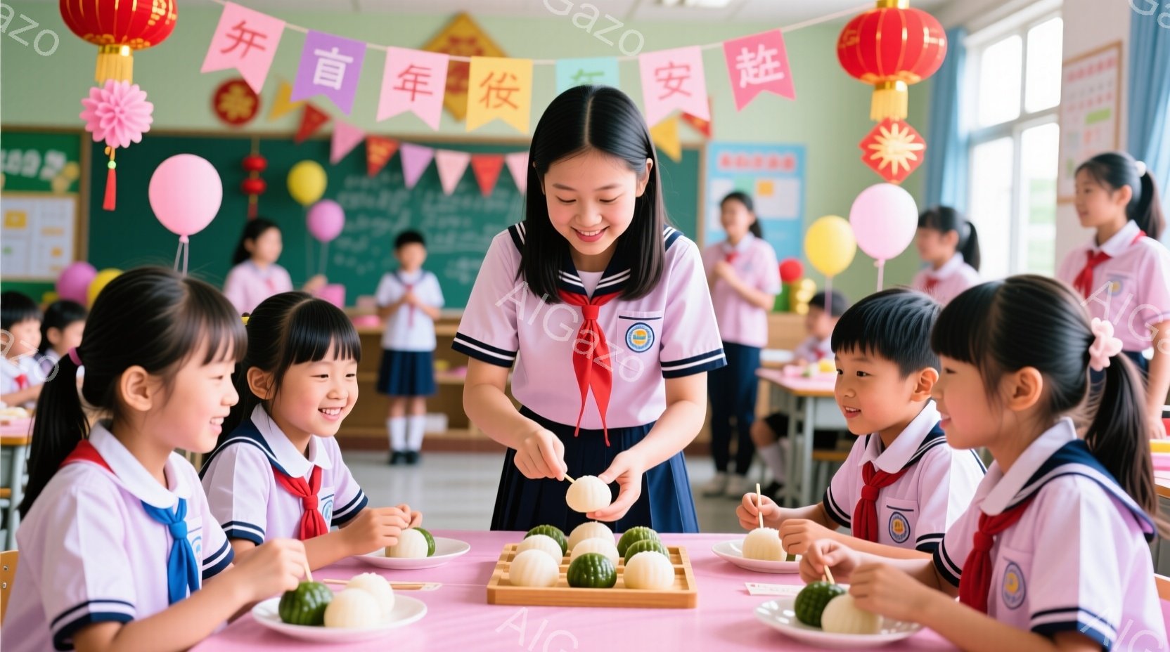 教室で、若い女性教師が子供たちに緑色の団子を作って見せています。子供たちは皆、白いブラウスに青いスカートの制服を着ており、笑顔で教師を見つめています。背景には他の生徒たちがおり、カラフルな装飾や風船が教室を明るくしています。