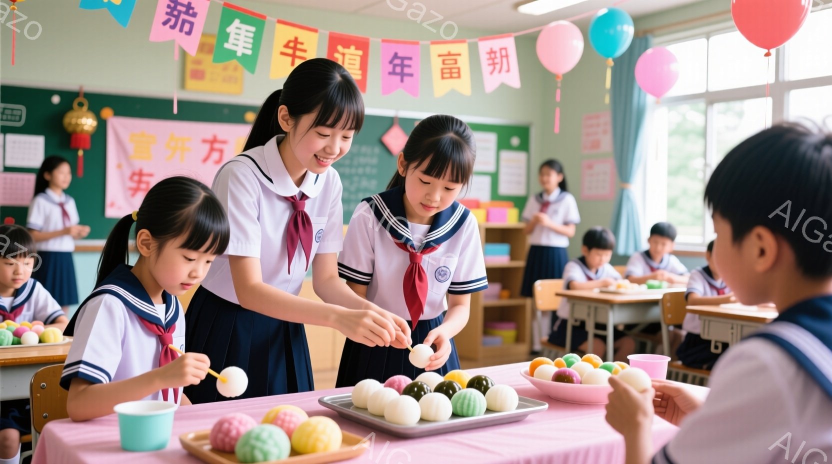 教室で、制服を着た女子生徒たちが団子作りをしている様子が写っている。一人の女子生徒は笑顔で団子にソースをかけ、他の生徒たちは興味深そうにそれを見ている。背景にはカラフルな飾り付けと他の生徒たちが座って - AI生成フリー素材