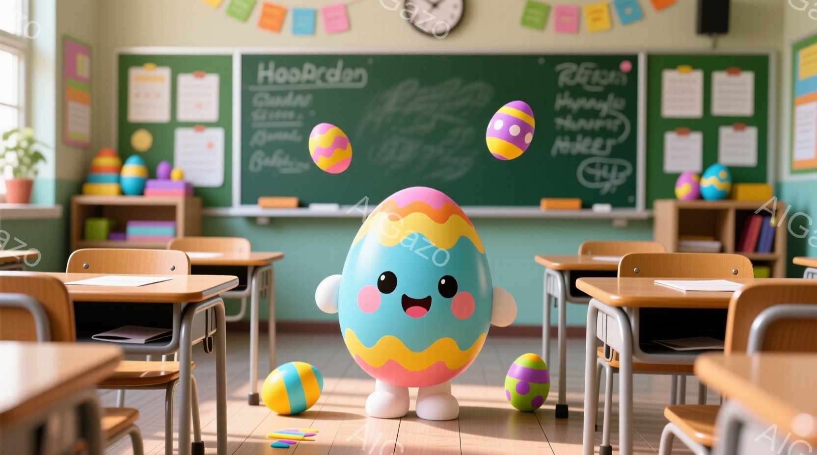教室の真ん中に、大きなパステルカラーの卵のキャラクターが立っています。その卵は可愛らしい顔をしており、ピンクのチークと笑顔が印象的です。教室には机と椅子が並び、黒板にはカラフルな文字と絵が描かれており - AI生成フリー素材