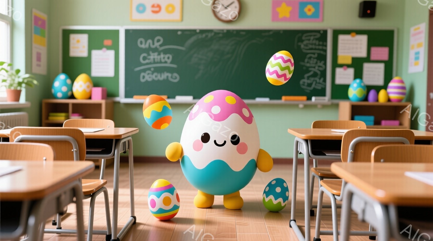 教室の中に、ピンクと黄色に着色された、擬人化されたイースターエッグのキャラクターが立っています。可愛らしい表情で、オレンジ色の足と黄色い靴を履き、教室の真ん中に堂々と立っています。背景には黒板、机、椅子が並び、カラフルなイースターエッグの装飾がされ、明るく楽しい雰囲気を醸し出しています。