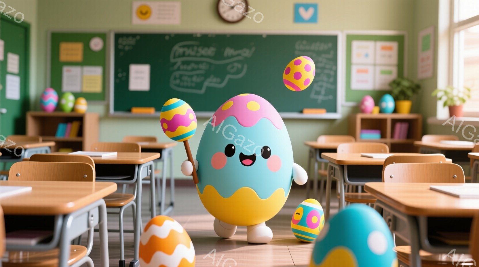 教室の中に、カラフルなイースターエッグのキャラクターが立っています。緑色の大きなエッグは笑顔で、ピンク色の小さなエッグが両脇に浮いています。教室には机と椅子が整然と並び、黒板には絵や文字が描かれており - AI生成フリー素材