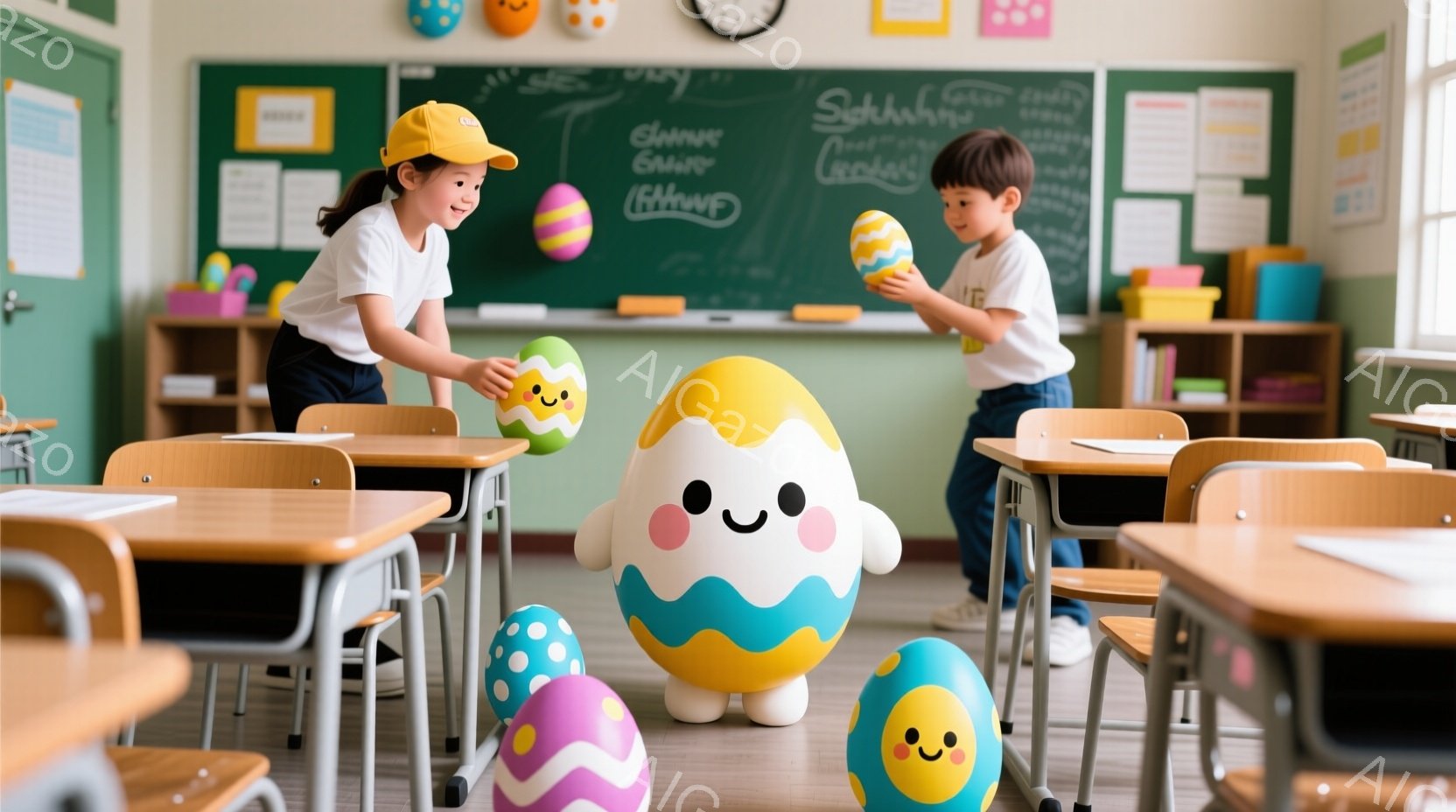 明るい教室で、黄色い帽子をかぶった女の子と白いシャツを着た男の子が、カラフルなイースターエッグを抱えています。二人は笑顔で、大きなイースターエッグの周りで楽しそうに遊んでいる様子です。背景には黒板、机、椅子があり、春らしい温かい雰囲気です。