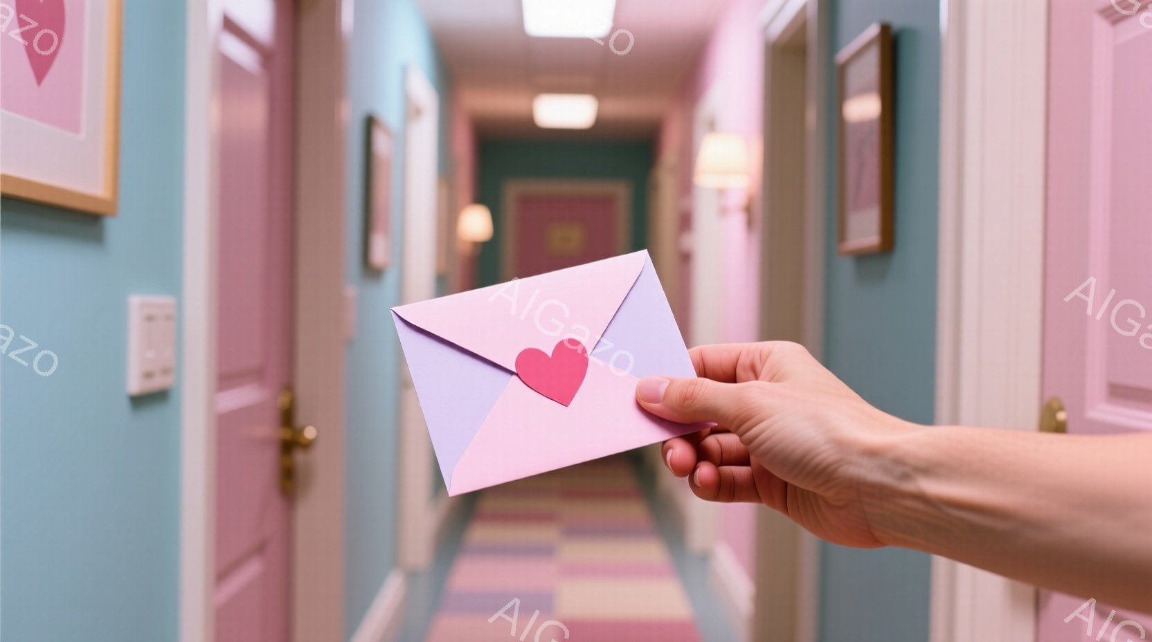 手が紫色のハートが描かれた封筒を前に突き出している。廊下の壁は水色で、床はピンク、紫、黄色、水色などの色とりどりのタイルで覆われている。壁には絵画が飾られ、全体的に明るく、牧歌的な雰囲気が漂っている。 - AI生成フリー素材