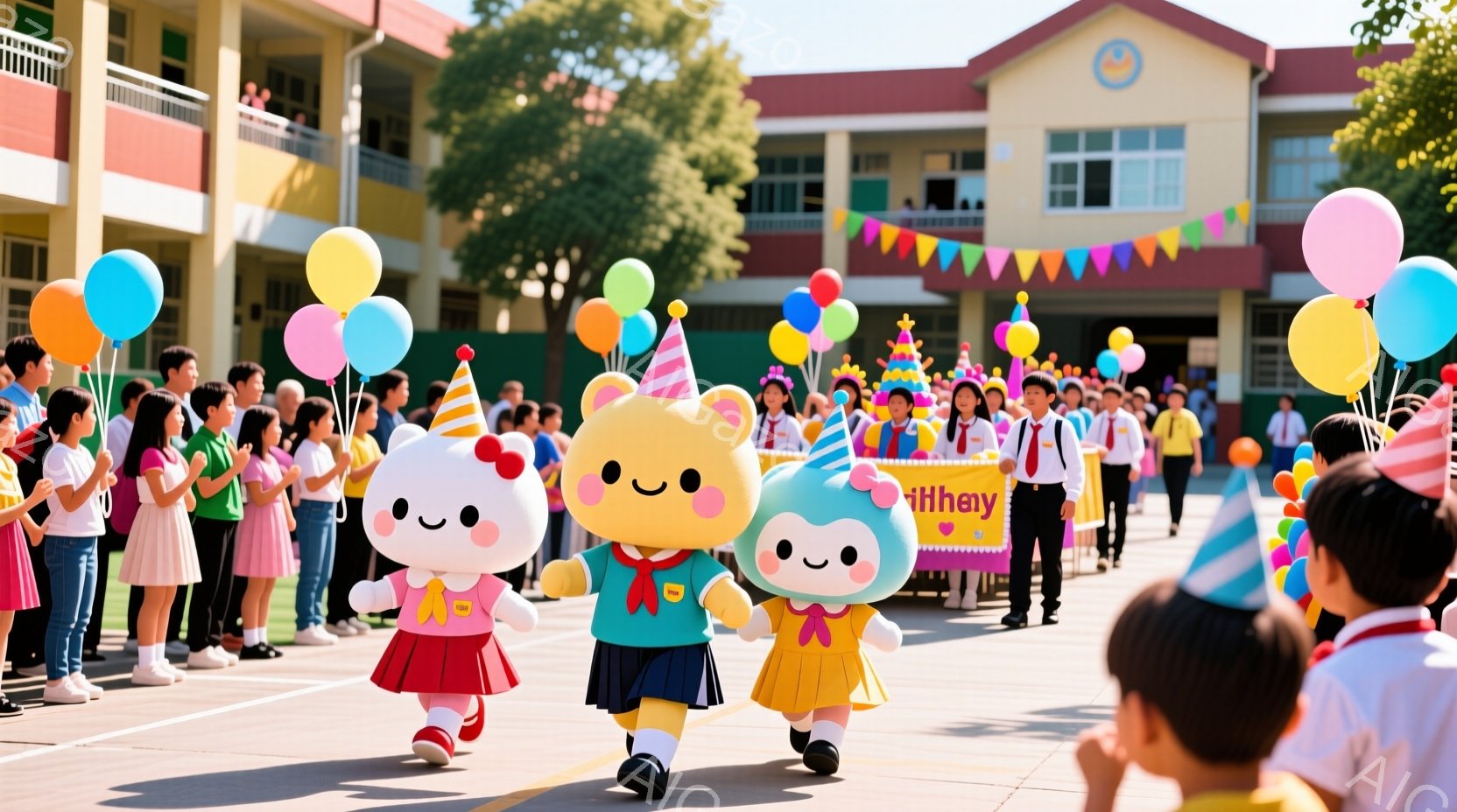 学校の屋外に、可愛らしいマスコットキャラクターが2体、行進しています。キャラクターはそれぞれピンクと黄色の衣装を身につけ、頭にはパーティーハットをかぶっています。背景には生徒たちが整列し、カラフルな風船が浮かび、晴れた日のイベントのような明るい雰囲気が漂っています。