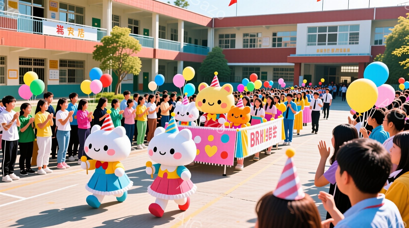 大勢の子供たちが整然と並び、カラフルな服装で、一部は頭にパーティーハットをかぶっています。先頭には、可愛らしいキャラクターの着ぐるみ（ピンクと水色のウサギのような形）が数体おり、青い旗を先導しています。背景には、赤と白の建物と緑の木々が見え、晴天で明るい雰囲気です。
