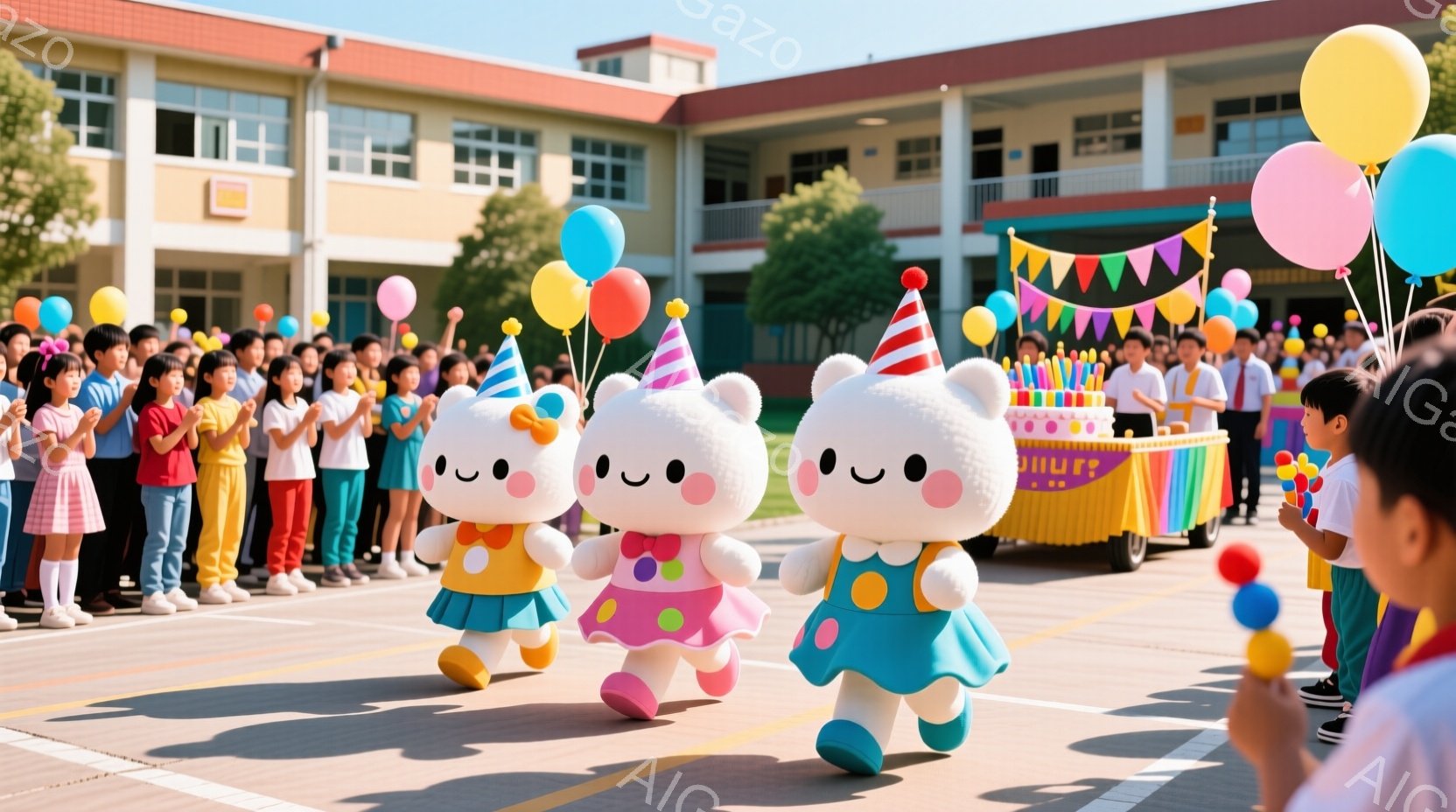 広場にはカラフルな服を着た子供たちが整然と並び、パレードを見守っています。その先には、サーカスの衣装を着た可愛らしいキャラクターたちが歩いており、楽しそうな雰囲気が伝わってきます。背景には建物と青空が - AI生成フリー素材