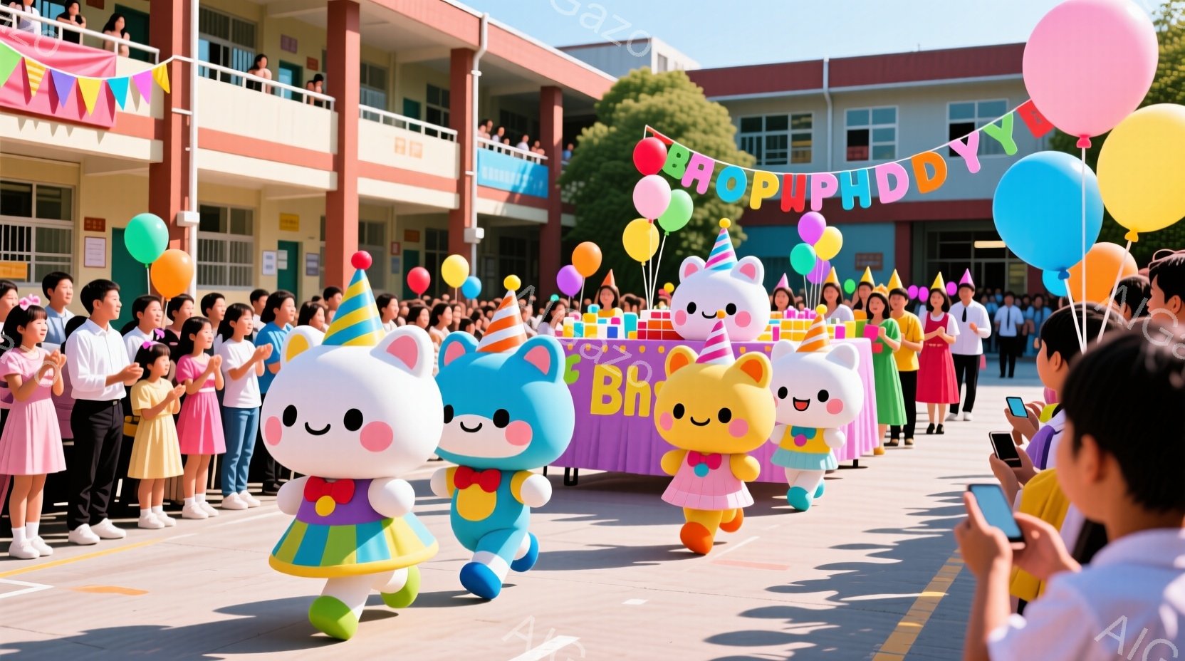 多くの生徒たちが学校の前に集まり、カラフルな衣装を着たキャラクターたちがパレードをしています。キャラクターたちは笑顔で、それぞれ異なる色合いの衣装を着て、楽しそうに歩いています。背景には学校の建物と青 - AI生成フリー素材