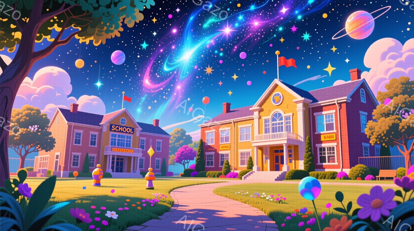 鮮やかな色彩が印象的な、おとぎ話のような風景が広がっています。小学校のような建物が複数並び、庭には虹色の風船が浮かび、鮮やかな花々が咲き乱れています。背景には、星や銀河が広がり、夢のような、幻想的な雰 - AI生成フリー素材