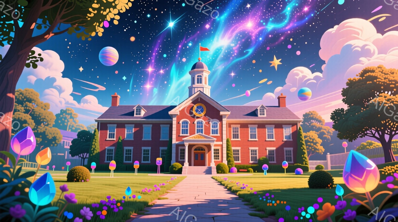 赤レンガ造りの壮大な建物が、鮮やかなピンクと紫の空の下に建っており、その上には星や銀河が輝いている。建物の正面には芝生が広がり、カラフルな花々や幻想的なクリスタルのような装飾が点在している。全体的に、夢のような、ファンタジックな雰囲気が漂っており、現実離れした美しさを感じさせる。