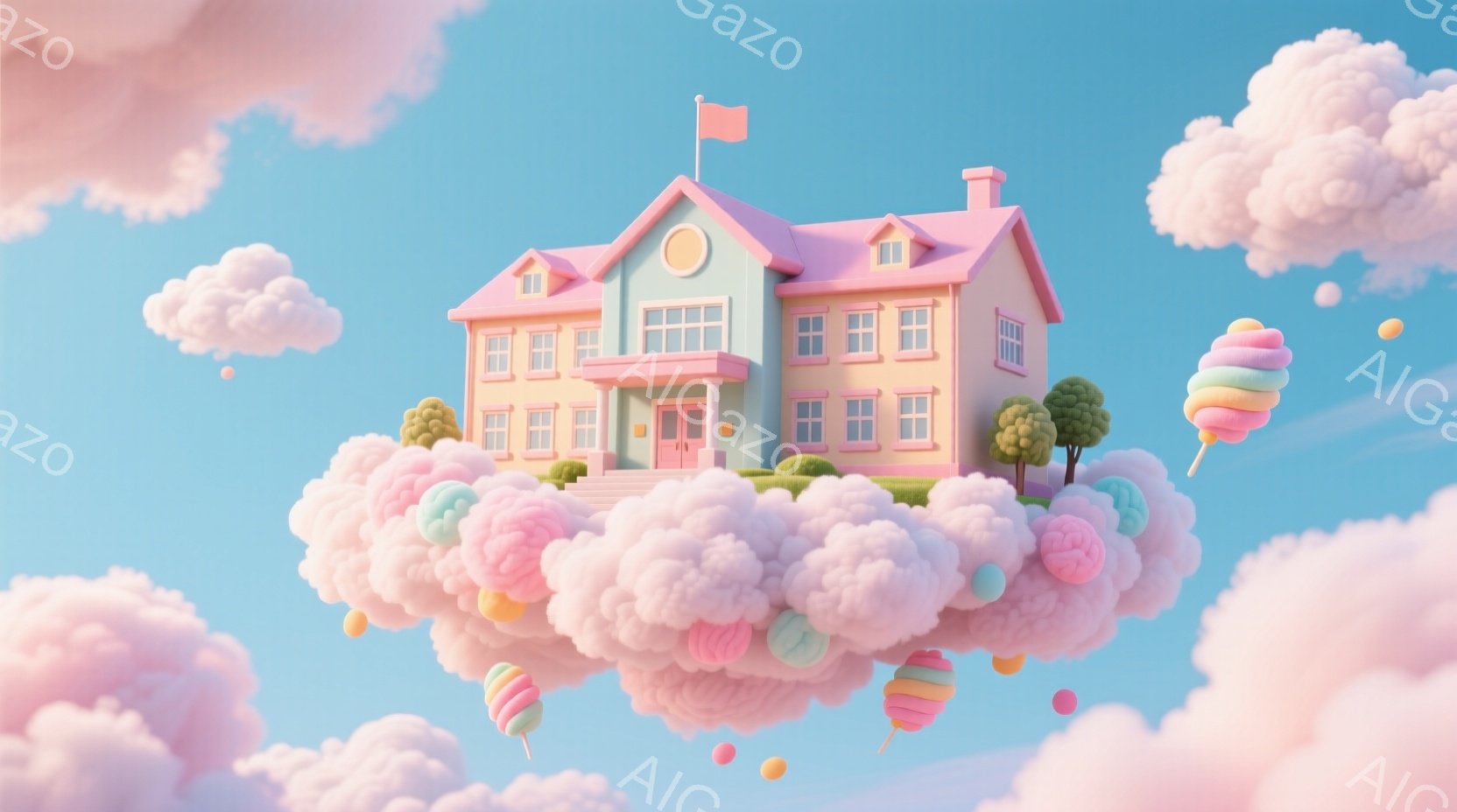 雲の上に浮かぶ可愛らしいピンク色の家が描かれています。家は白いトリミングと茶色の屋根を持ち、周りには小さな緑の木々が点在しています。背景は水色の空で、ふわふわしたピンク色の雲とカラフルなキャンディのようなものが浮かび、夢のような雰囲気を醸し出しています。