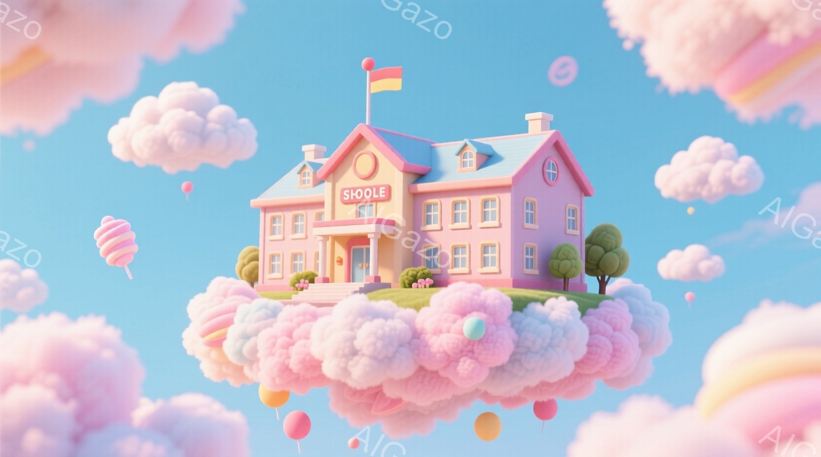 雲の上に浮かぶ、パステルピンクの可愛らしい一軒家が印象的な画像です。建物は明るい色調で、丸い窓や尖った屋根が特徴的で、まるでファンタジーの世界に存在するようです。背景にはふわふわとした雲と、カラフルなキャンディのような風船が浮かび、夢のような甘くて優しい雰囲気を醸し出しています。