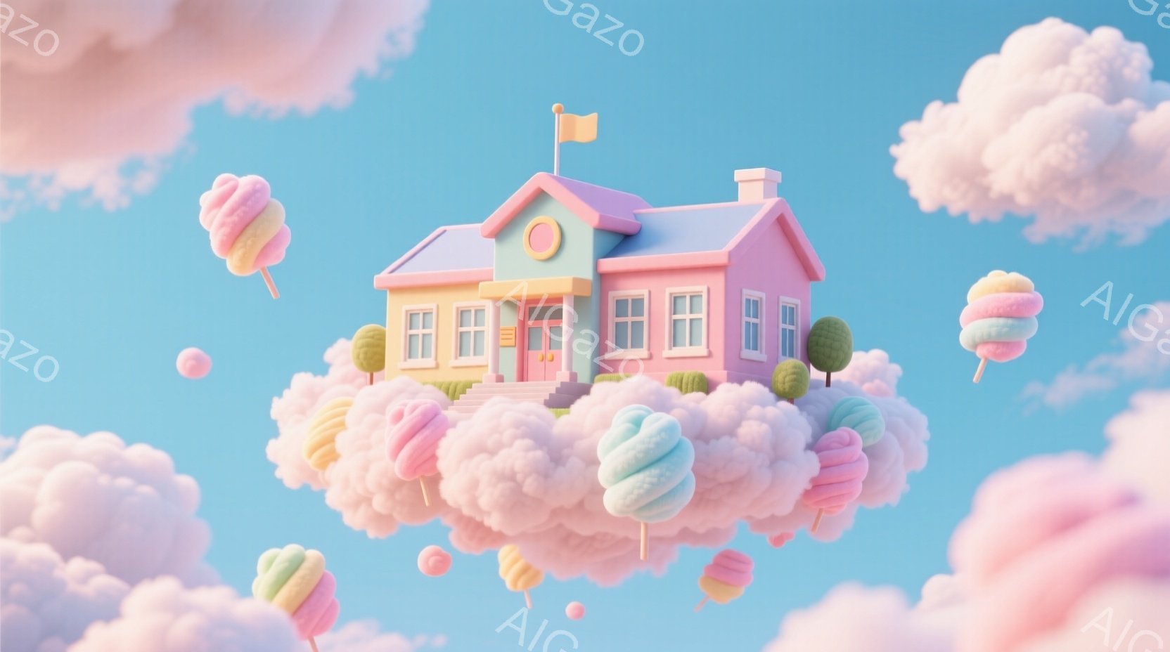 鮮やかなピンク色の家が、ふわふわとした雲の上に浮かんでいます。家の周りには、カラフルな綿菓子のようなお菓子が舞い、夢のような世界観を演出しています。背景はパステルブルーの空で、全体的に甘く可愛らしい雰 - AI生成フリー素材