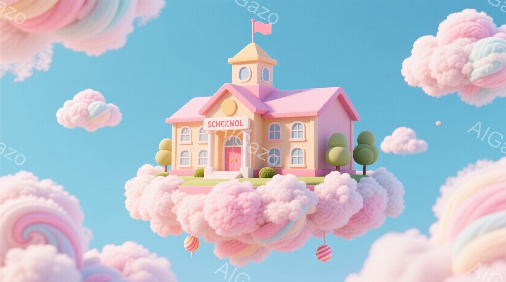 雲の上に浮かぶ、パステルピンクの可愛らしい学校が印象的な画像です。学校の周りには、キャンディーのようなカラフルな装飾が浮かび、夢のような雰囲気を醸し出しています。全体的に柔らかく、甘い色彩が使われており、子供向けのイラストやファンタジーの世界観を彷彿とさせます。