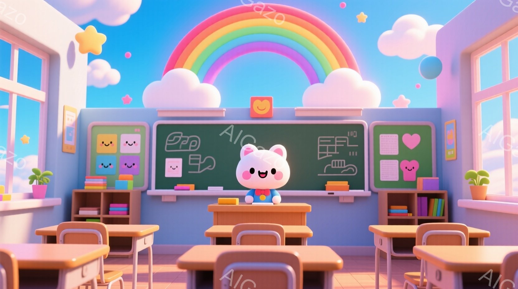 明るい教室には、可愛らしいクマのキャラクターが座っています。クマはピンク色の服を着ており、丸い耳とシンプルな笑顔が特徴です。背景には、カラフルなチョークで描かれた絵、本棚、そして窓の外には虹と綿のよう - AI生成フリー素材