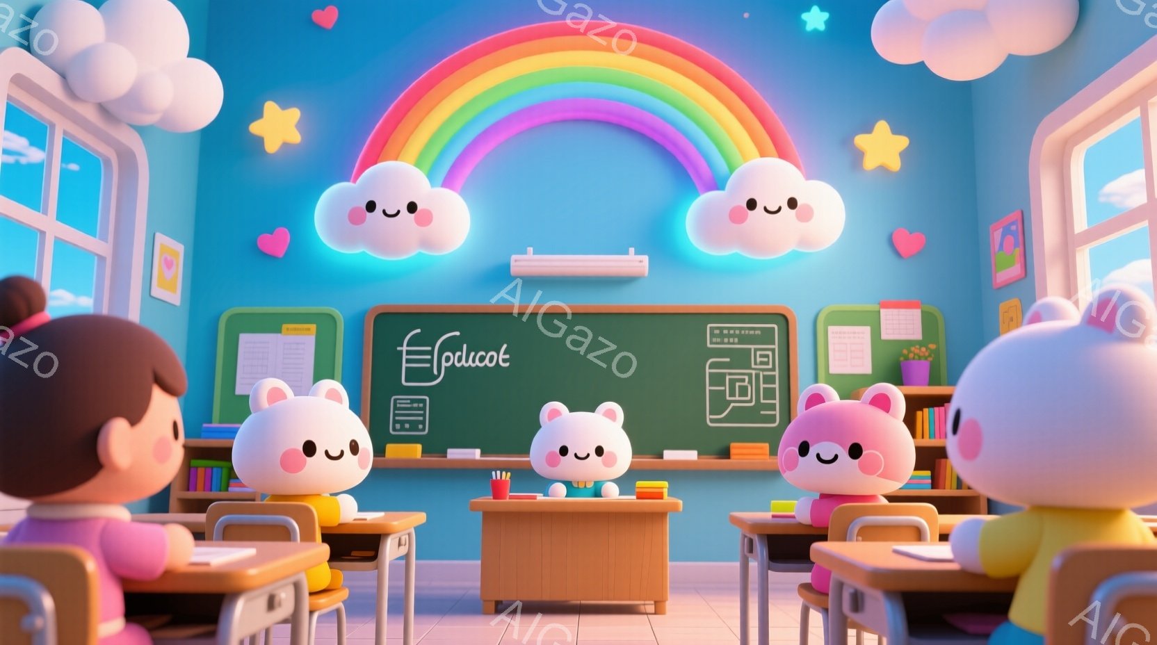 教室には、ピンクと黄色の可愛らしいキャラクターたちが座っています。彼らは皆、同じような丸い形をしており、大きな目を持ち、楽しそうな表情を浮かべています。背景には、カラフルなポスター、黒板、そして雲の形をした装飾が飾られた明るく遊び心のある教室が広がっています。