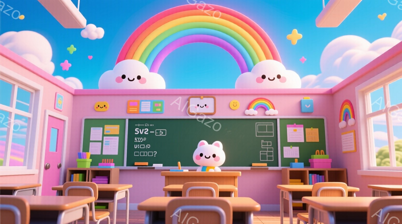 明るいピンクと水色の教室で、黒板にはカラフルな絵や文字が描かれています。机と椅子が整然と並び、窓の外には虹と笑顔の雲が浮かぶ青空が広がっており、全体的に暖かく、遊び心のある雰囲気が漂っています。教室は - AI生成フリー素材