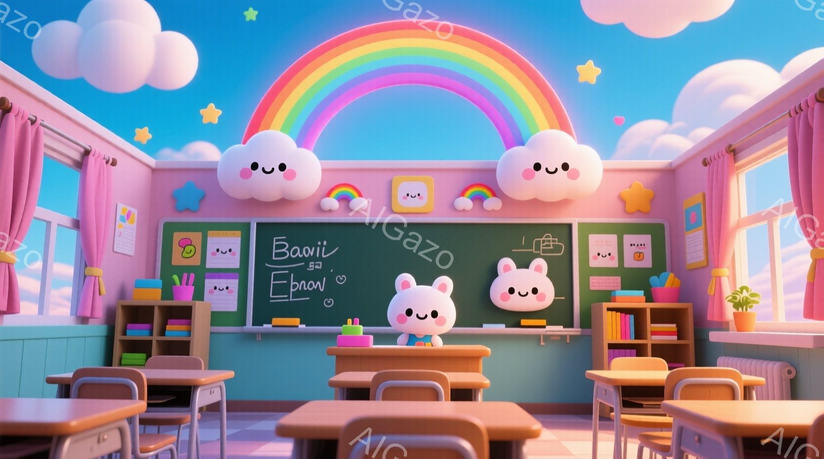 明るい青空を背景に、可愛らしい雲のキャラクターが浮かぶ教室です。黒板にはカラフルな文字と絵が描かれており、机や椅子、本棚など、教室の家具もパステルカラーで統一され、温かく優しい雰囲気を醸し出しています - AI生成フリー素材